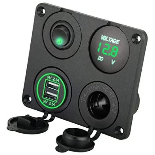 Linkstyle 4 in 1 Charger Socket Panel, 12V 4.2A Dual USB Charger Socket Power Outlet& LED Voltmeter & Cigarette Lighter Socket & Green LED Lighted ON/Off Rocker Toggle Switch for Car Marine Boat Truck Linkstyle 4 in 1 Charger Socket Panel, 12V 4.2A Dual USB Charger Socket Power Outlet& LED Voltmeter & Cigarette Lighter Socket & Green LED Lighted ON/Off Rocker Toggle Switch for Car Marine Boat Truck