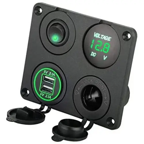 Linkstyle 4 in 1 Charger Socket Panel, 12V 4.2A Dual USB Charger Socket Power Outlet& LED Voltmeter & Cigarette Lighter Socket & Green LED Lighted ON/Off Rocker Toggle Switch for Car Marine Boat Truck