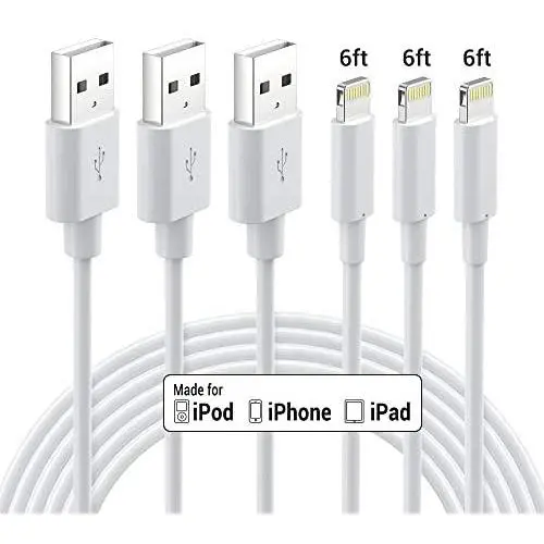 Lightning Cable MFi Certified - Nikolable 3Pack 6FT Lightning to USB-A Cable for iPhone Charger, Durable Fast Charging Cord Compatible with iPhone 11 Pro Max XS XR 8 7 6 Plus 5S iPad iPod, White Lightning Cable MFi Certified - Nikolable 3Pack 6FT Lightning to USB-A Cable for iPhone Charger, Durable Fast Charging Cord Compatible with iPhone 11 Pro Max XS XR 8 7 6 Plus 5S iPad iPod, White