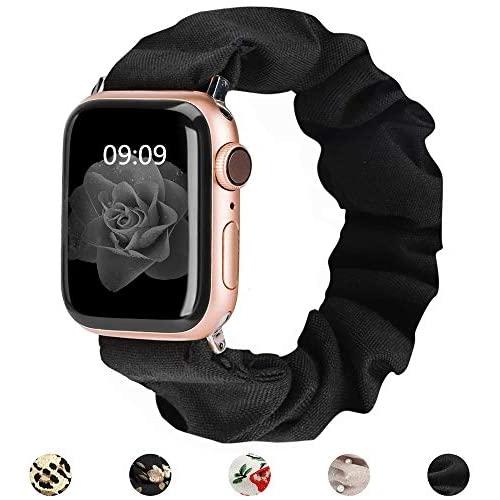 MITERV Compatible with Apple Watch Band 38mm 40mm 42mm 44mm Soft Floral Fabric Elastic Scrunchies iWatch Bands for Apple Watch Series 5,4,3,2,1 (Black, 38mm/40mm Small)