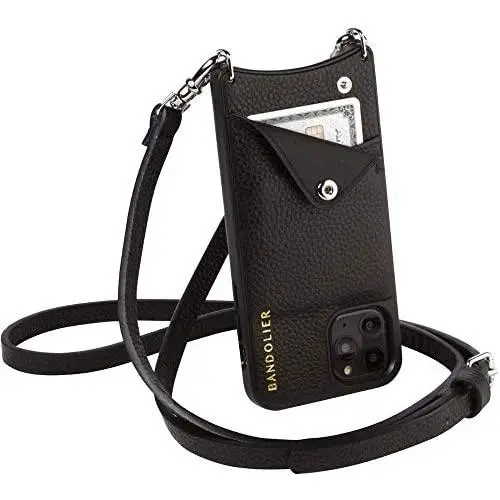 Bandolier Emma Crossbody Phone Case and Wallet - Black Leather with Silver Detail - Compatible with iPhone SE / 8, 7, 6 Only