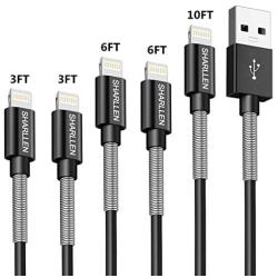 iPhone Charger Cable sharllen Spring Lightning Cable Mfi Certified 5Pack(3ft/3ft/6ft/6ft/10ft) Fast Long iPhone Charging Cord Compatible iPhone XS/Max/XR/X/8/8Plus/7/7P/6S/iPad/iPod/IOS Black