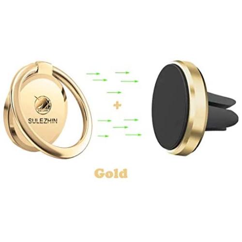 Phone Ring Holder Finger Kickstand 360° Rotation Metal Ring Grip with Magnetic Phone Car Mount Holder Car Air Vent Magnetic Mount Car Phone Holder for iPhone 11 Pro Xs Max XR X 8 All Smartphone(Gold)