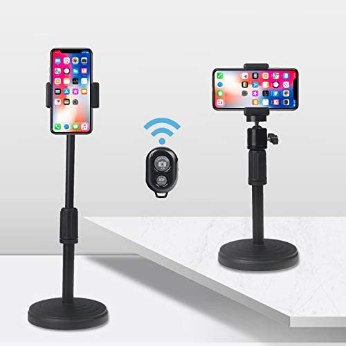 Adjustable Cell Phone Stand for Desk, 360 Degree Rotating and Length Flexibility, Includes Wireless Remote, Phone Holder Compatible with All Types of Smart Phones