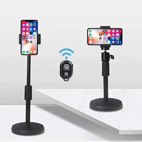 Adjustable Cell Phone Stand for Desk, 360 Degree Rotating and Length Flexibility, Includes Wireless Remote, Phone Holder Compatible with All Types of Smart Phones