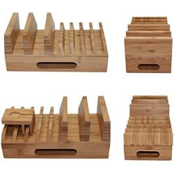 Bamboo Charging Station Organizer for Multiple Devices & Wood Desktop Docking Charging Stand Such As Cell Phone, Tablets, Phone Case and Watch Stand - Pezin & Hulin