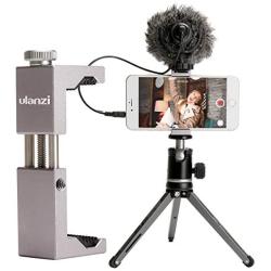 Ulanzi ST-02S Aluminum Phone Tripod Mount w Cold Shoe Mount, Support Vertical and Horizontal, Universal Adjustable Clamp for iPhone XS Xs Max X 8 Plus Samsung Huawei Android Smartphones-Titanium Color