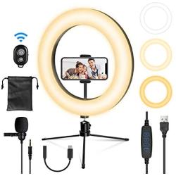 iMartine 10" LED Ring Light with Mic, Tripod Stand and Phone Holder for Selfie, Dimmable Desk Makeup Ringlight for Live Streaming, YouTube Video, Shooting with 3 Light Modes & 13 Brightness Levels