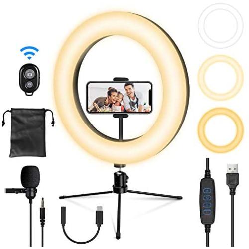 iMartine 10" LED Ring Light with Mic, Tripod Stand and Phone Holder for Selfie, Dimmable Desk Makeup Ringlight for Live Streaming, YouTube Video, Shooting with 3 Light Modes & 13 Brightness Levels
