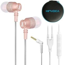 KINVOCA Wired Metal In Ear Earbuds Headphones with Microphone Volume and Case, Bass Stereo Noise Isolating Inear Earphones Ear Buds for Cell Phones, Aluminum Alloy, Carabiner, 3.5mm Jack, Rose Gold