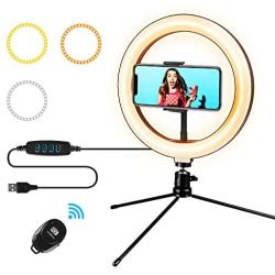 LED Ring Light 10” with Stand and Phone Holder, Selfie Ring Light with 3 Light Modes and 10 Brightness Level for Live Stream, Makeup, Photography, Youtuber, Vlogging, TikTok (10”/26CM)