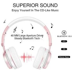 Picun Wireless Headphones 25 Hours Playtime Girls Romantic LED Bluetooth V5.0 Headphones, Hifi Bass Foldbale Headset with HD Mic, Soft Earmuff, Wired & TF Mode for Kids Women(Rose Gold)