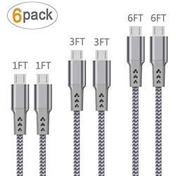 High Speed Micro USB Cable 6-Pack 1FT 1FT 3FT 3FT 6FT 6FT Android Cell Phone Charger Cable Nylon Braided Fast Charging Cord Compatible with Samsung LG HTC Motorola Kindle BlackBerry Xbox PS4 Silver