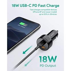 Car Charger Adapter, AUKEY iPhone Charger, Dual Ports for Both (Type C/USB-C) PD and (USB A) QC3.0, 18W Each 36W Altogether, Compatible with All iPhone/Samsung/Android