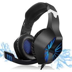 RegeMoudal Gaming Headset for Xbox One, PS4, PC, Noise Cancelling Over Ear Headphones Mic, Blue LED Light, Subwoofer Surround, Soft Memory Earmuffs for PC Laptop Tablet and Smart Phone (Renewed)