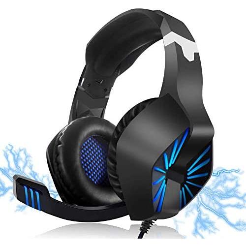 RegeMoudal Gaming Headset for Xbox One, PS4, PC, Noise Cancelling Over Ear Headphones Mic, Blue LED Light, Subwoofer Surround, Soft Memory Earmuffs for PC Laptop Tablet and Smart Phone (Renewed)