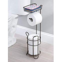 mDesign Freestanding Metal Wire Toilet Paper Roll Holder Stand and Dispenser with Storage Shelf for Cell, Mobile Phone - Bathroom Storage Organization - Holds 3 Mega Rolls - Bronze