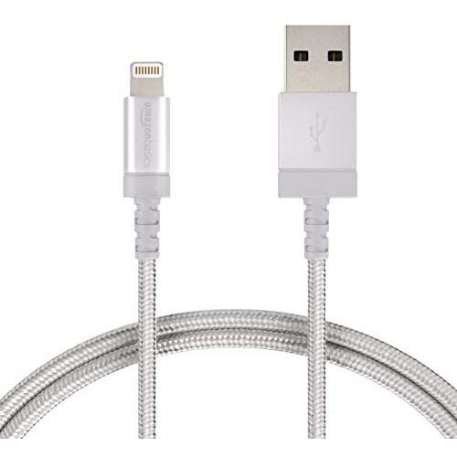 AmazonBasics Nylon Braided Lightning to USB A Cable, MFi Certified Apple iPhone Charger, Silver, 3-Foot