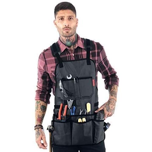 Under NY Sky Tool Apron – Magnetic Tool Holder – Heavy Duty Gray Oxford Canvas – Cross-Back – 18 Pockets – Adjustable for Men, Women – Pro Mechanic, Woodworker, Carpenter, Electrician, Gardener Apron