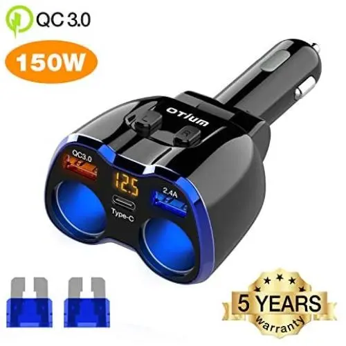 Car Charger, Otium 150W 2-Socket Cigarette Lighter Splitter QC 3.0 Dual USB Ports 1 USB C Fast Car Adapter with Separate Switch LED Voltmeter Replaceable 15A Fuse Compatible GPS/Dash Cam/Phone/iPad Car Charger, Otium 150W 2-Socket Cigarette Lighter Splitter QC 3.0 Dual USB Ports 1 USB C Fast Car Adapter with Separate Switch LED Voltmeter Replaceable 15A Fuse Compatible GPS/Dash Cam/Phone/iPad