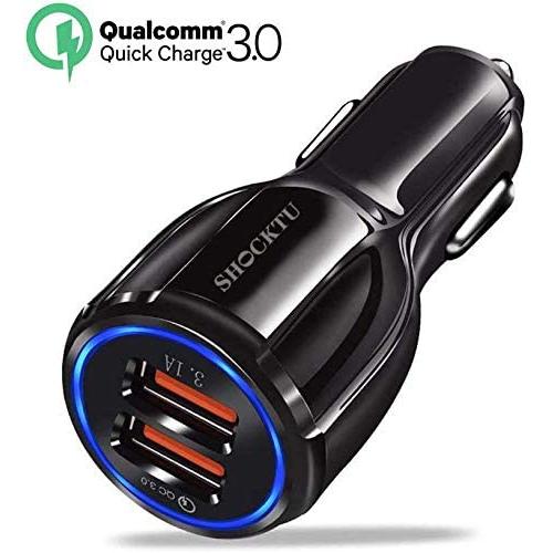 USB Car Charger, SHOCKTU [ Dual Qualcomm Quick Charger 3.0 Car Charger] Dual USB Charger, Quick Fast Charger 30W Dual USB Ports 12V/24V for Samsung Galaxy S10 S9 S8 Plus S7 Note9 iPhone 11-Black