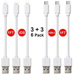 Short USB Charging Cable 6 Pack 1FT(3 x i OS Cable, 3 x USB Type C Charge Cable)Sync Data, Charger Cord Compatible with Phone 11 Pro Max/XS/XR/X/6 7 8 Plus, Samsung Galaxy, Google Pixel, Moto and More