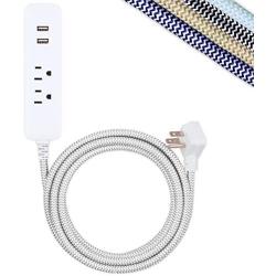 Cordinate Designer USB Charging Station Extension Cord, Power Strip Surge Protector, 2 Outlets, 2 USB Ports, Extra Long 10 ft Cable with Flat Plug, Braided Cord, 2.4A Fast Charge, Gray/White, 41691