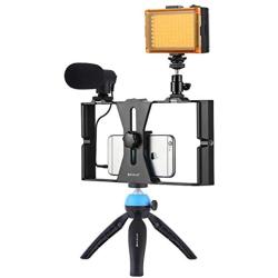 Smartphone Video Rig Kit PULUZ Smartphone Video Grip with Microphone + Video Light + Cold Shoe Tripod Head + Mini Tripod for iPhone Samsung and Most Phones Within 7-inch Screen (Blue)