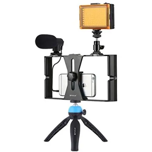 Smartphone Video Rig Kit PULUZ Smartphone Video Grip with Microphone + Video Light + Cold Shoe Tripod Head + Mini Tripod for iPhone Samsung and Most Phones Within 7-inch Screen (Blue) Smartphone Video Rig Kit PULUZ Smartphone Video Grip with Microphone + Video Light + Cold Shoe Tripod Head + Mini Tripod for iPhone Samsung and Most Phones Within 7-inch Screen (Blue)