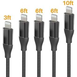 iPhone Charger, FIFADE 5Pack Nylon Braided Lightning Cable Charging Cord USB Cable Compatible with iPhone 11Pro 11Pro MAX Xs MAX XR X 8 7 6S 6 Plus-Silver Black430