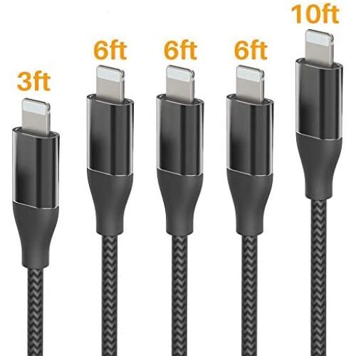 iPhone Charger, FIFADE 5Pack Nylon Braided Lightning Cable Charging Cord USB Cable Compatible with iPhone 11Pro 11Pro MAX Xs MAX XR X 8 7 6S 6 Plus-Silver Black430