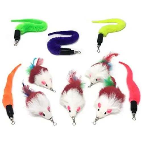 Pet Fit For Life 10 PC Squiggly Worm Furry Mouse Cat and Kitten Feather Toy Replacement Pack