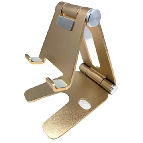 POKANIC Cell Phone Fully Foldable Stand Dock Holder Cradle Mount Organizer Charger Station Table Desk Bed Office School Kitchen Travel Portable Adjustable Multi-Angle Aluminum Non-Slip (Gold)