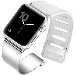 fastgo Compatible for Apple Watch Bands 38mm 40mm 42mm 44mm, Leather Stainless Steel Cuff Bracelet Strap Compatible for Iwatch Series 4 3 2 1 Women Girl Female Adjustable