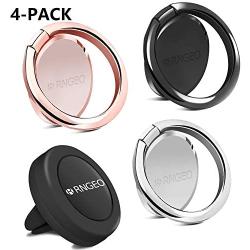 Rngeo Finger Ring Stand & Magnetic Mount Set, Pack of 4 Universal Thin 360 Degree Rotation Phone Rings & Air Vent Cell Phone Holder for Car, Compatible with All iPhone & Android Smartphones