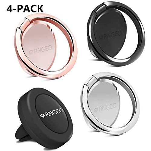 Rngeo Finger Ring Stand & Magnetic Mount Set, Pack of 4 Universal Thin 360 Degree Rotation Phone Rings & Air Vent Cell Phone Holder for Car, Compatible with All iPhone & Android Smartphones