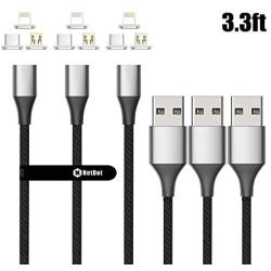 NetDot Gen10 3 in 1 Nylon Braided Magnetic Fast Charging Cable with Side LED Compatible with Micro USB & USB-C Smartphones and i-Product(3.3ft/3 Pack Silver)