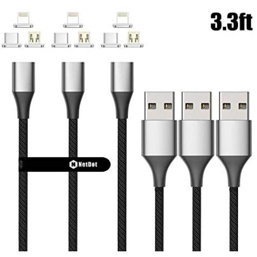 NetDot Gen10 3 in 1 Nylon Braided Magnetic Fast Charging Cable with Side LED Compatible with Micro USB & USB-C Smartphones and i-Product(3.3ft/3 Pack Silver)