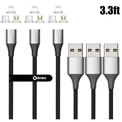 NetDot Gen10 3 in 1 Nylon Braided Magnetic Fast Charging Cable with Side LED Compatible with Micro USB & USB-C Smartphones and i-Product(3.3ft/3 Pack Silver) NetDot Gen10 3 in 1 Nylon Braided Magnetic Fast Charging Cable with Side LED Compatible with Micro USB & USB-C Smartphones and i-Product(3.3ft/3 Pack Silver)