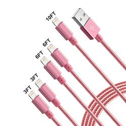 iPhone Charger, Mfi Certified Lightning Cables 5Pack 2x3Ft 2x6Ft 10Ft to USB Syncing Data and Nylon Braided Cord Charger for iPhone 11/11 Pro Max/XS MAX/XR/XS/X/8/7/Plus/6S/iPad(Pink)