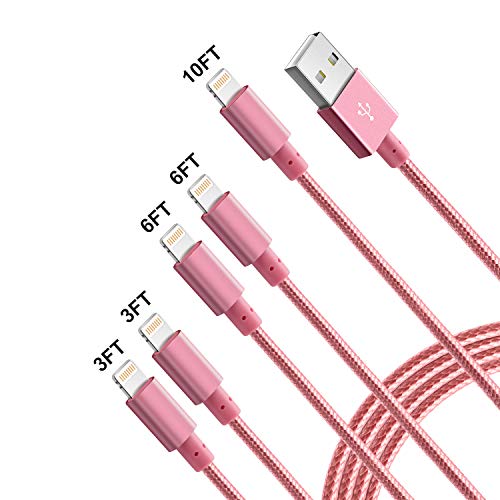 iPhone Charger, Mfi Certified Lightning Cables 5Pack 2x3Ft 2x6Ft 10Ft to USB Syncing Data and Nylon Braided Cord Charger for iPhone 11/11 Pro Max/XS MAX/XR/XS/X/8/7/Plus/6S/iPad(Pink)