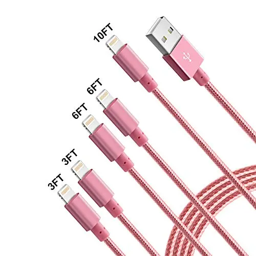 iPhone Charger, Mfi Certified Lightning Cables 5Pack 2x3Ft 2x6Ft 10Ft to USB Syncing Data and Nylon Braided Cord Charger for iPhone 11/11 Pro Max/XS MAX/XR/XS/X/8/7/Plus/6S/iPad(Pink)