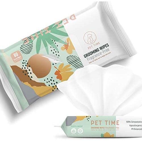 Pet Time Grooming Wipes | Premium Cloth, 100% All-Natural, Hypoallergenic, PH Balance, Fragrance Free | Deodorizing Pet Wipes for Dogs and Cats