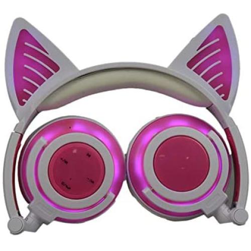 MeterMal Earphonel Cute Cat Ear Rechargeable Gaming Headset with LED Lights Colorful Over Ear Foldable Headphones with Mic for Cell Phone Pink