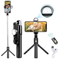 Selfie Stick Tripod Update Bluetooth Selfie Stick with Detachable Wireless Remote/Build-in Light/HD Mirror, Compatible with iPhone and Android Smartphone