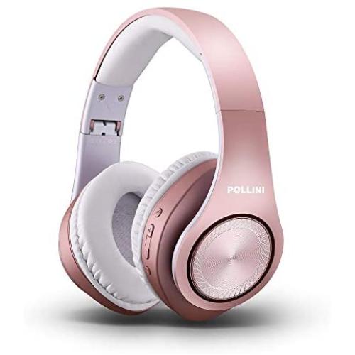 Bluetooth Headphones Over Ear, Pollini Wireless Headset V5.0 with Deep Bass, Soft Memory-Protein Earmuffs and Built-in Mic for iPhone/Android Cell Phone/PC/TV (Rose Gold)