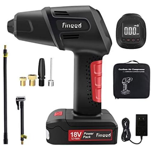 fineed 18V 145PSI Cordless Tire Inflator, Portable Air Compressor with Pressure Gauge Air Digital Pump for Cars, SUVs, RV Bicycles and Motorcycles, 55L/Min, 2000mAh Rechargeable li-ion Battery