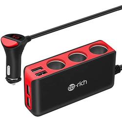 Te-Rich 3-Socket Cigarette Lighter Power Adapter DC Outlet Splitter 6.8A 4 Port USB Car Charger for Cell Phones, Dash Cam, GPS and More (Red)