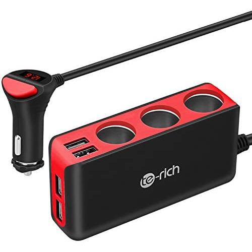 Te-Rich 3-Socket Cigarette Lighter Power Adapter DC Outlet Splitter 6.8A 4 Port USB Car Charger for Cell Phones, Dash Cam, GPS and More (Red)