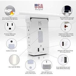 Krëel - Surge Protector Socket Shelf, Wall Multi Outlet Extender Shelf USB, Warm LED Night Light Sensor, 6 Outlet Plugs, 2 USB Quick Charger Ports 3.4A, Removable Built-In Shelf w/USB Cable Type C